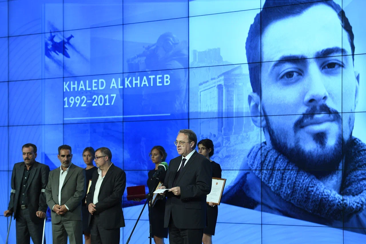 الممثل الخاص لرئيس الاتحاد الروسي لشؤون الشرق الأوسط والدول الإفريقية، نائب وزير خارجية روسيا ميخائيل بوغدانوف خلال حفل توزيع جوائز الفائزين لعام 2018